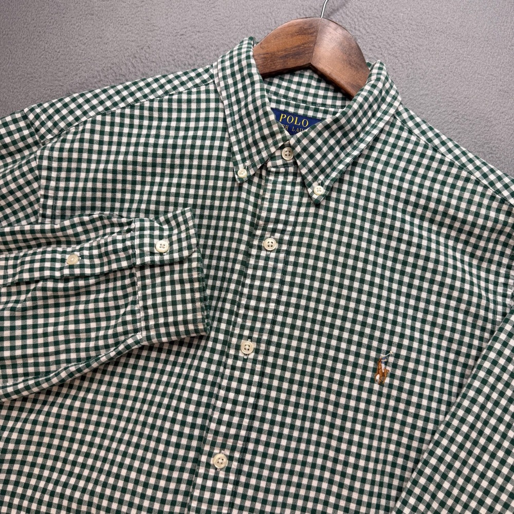 Polo Ralph Lauren Classic Fit Shirt Men XL Green/White Gingham Cotton Flesh Pony